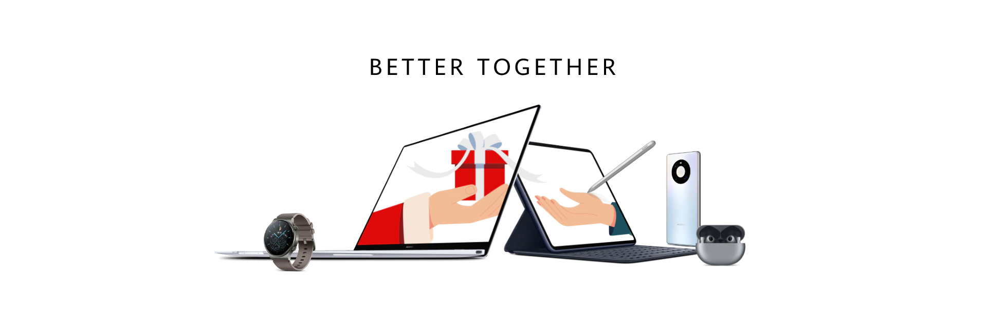 Image of a watch, two laptops, a phone and airpods; with the title better together on top.